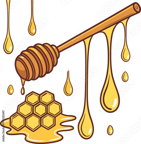 Honey Dripping Stick Illustration – Sweet Golden Honey Drops Vector Design