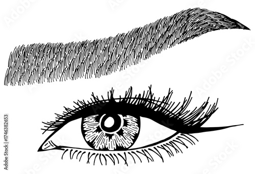 Illustration with woman's eye, eyelashes and eyebrow. Makeup Look. Tattoo design. Logo for brow bar or lash salon.
