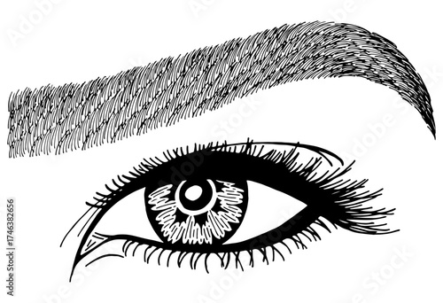 Illustration with woman's eye, eyelashes and eyebrow. Makeup Look. Tattoo design. Logo for brow bar or lash salon.