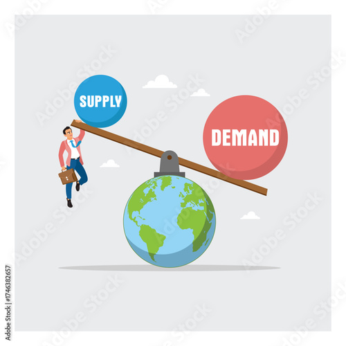 Businessman Balancing Supply And Demand On A Global Seesaw.
