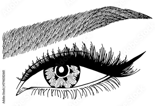 Illustration with woman's eye, eyelashes and eyebrow. Makeup Look. Tattoo design. Logo for brow bar or lash salon.