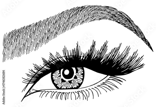 Illustration with woman's eye, eyelashes and eyebrow. Makeup Look. Tattoo design. Logo for brow bar or lash salon.