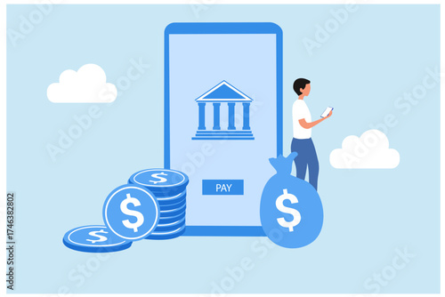 Mobile banking concept. Man use smartphone to pay online money vector illustration