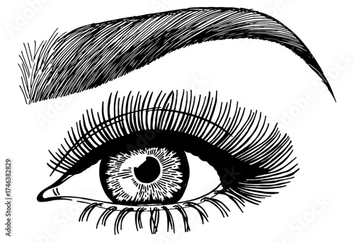 Illustration with woman's eye, eyelashes and eyebrow. Makeup Look. Tattoo design. Logo for brow bar or lash salon.