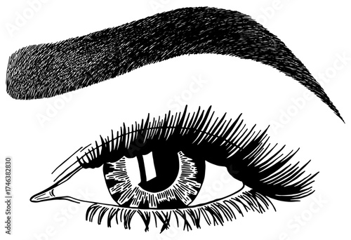 Illustration with woman's eye, eyelashes and eyebrow. Makeup Look. Tattoo design. Logo for brow bar or lash salon.