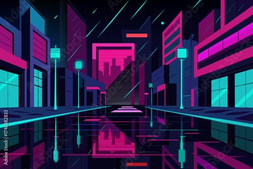 neon cyberpunk street reflections rain illustration