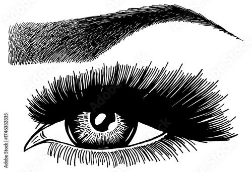 Illustration with woman's eye, eyelashes and eyebrow. Makeup Look. Tattoo design. Logo for brow bar or lash salon.