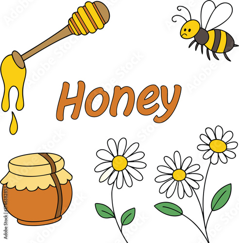 Cute Honey Bee and Flowers Illustration – Sweet Honey Jar and Daisy Clipart Design