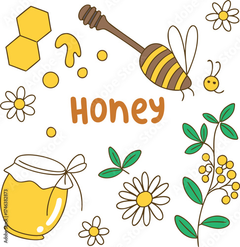Cute Honey Bee and Flowers Illustration – Sweet Honey Jar and Daisy Clipart Design