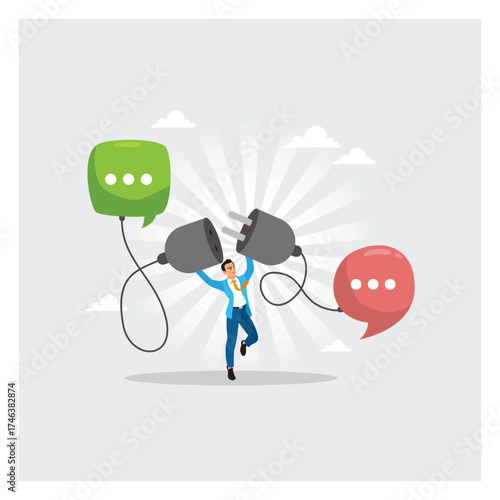 Businessman connect large plugs between bubble conversation dialogues.