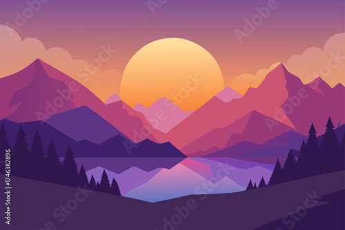 serene sunrise over lake misty mountains illustration
