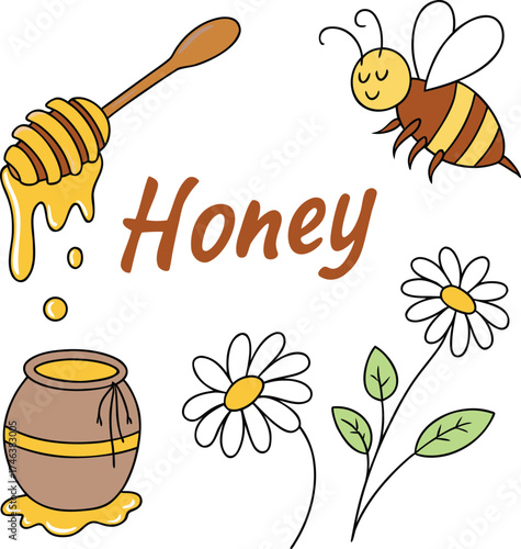 Cute Honey Bee and Flowers Illustration – Sweet Honey Jar and Daisy Clipart Design