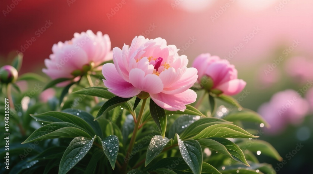 Fototapeta premium Radiant pink peonies glisten with dewdrops, symbolizing freshness and natural beauty
