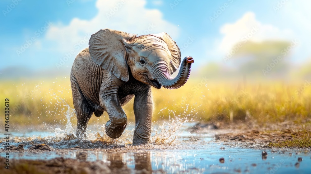 Fototapeta premium Baby elephant is playing in a muddy pond. The elephant is splashing water and he is enjoying itself