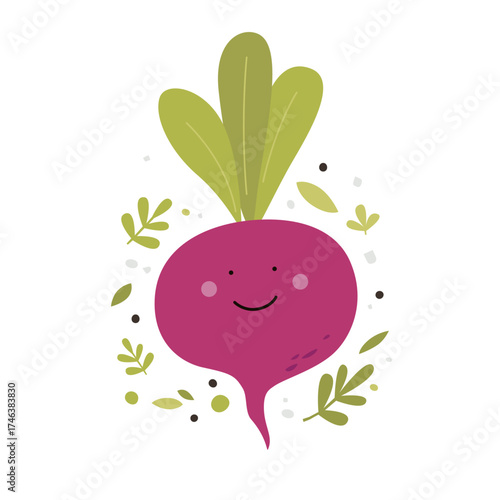 Cute beet with a laughing face vector illustration. Funny vegetables. Colorful farm product for kids design of cards, books, posters, textiles.