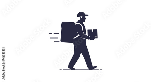 Silhouette of a delivery person walking with a package and insulated backpack suggesting rapid and efficient courier services