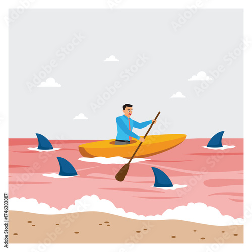 Businessman Paddling a Kayak to Survive in Red Ocean With Shark.