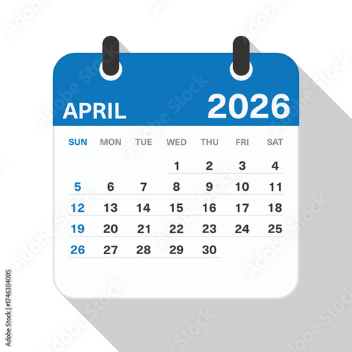 Monthly Calendar for April 2026. Blue Theme on White Background