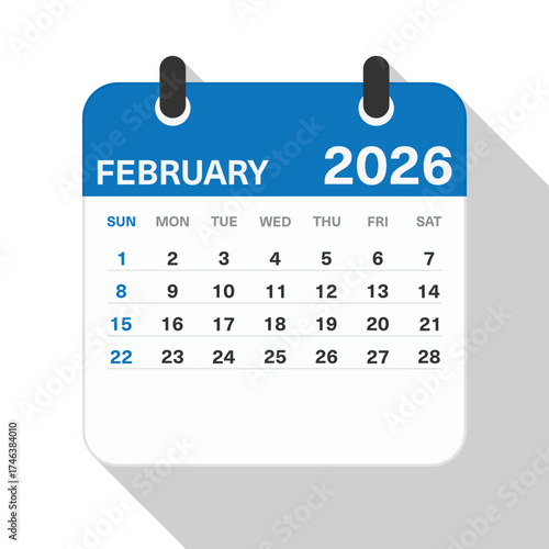 Monthly Calendar for February 2026. Blue Theme on White Background