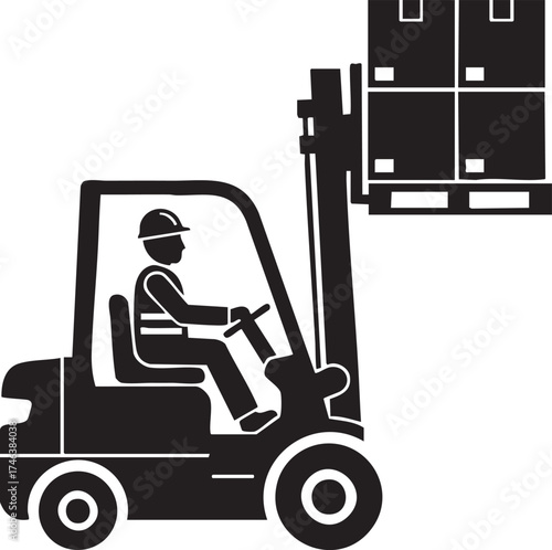 Male Warehouse Worker Silhouettes Operating Forklift with Pallet of Boxes - Vector Art