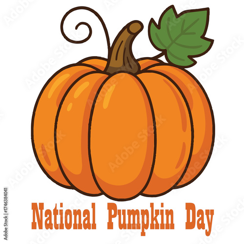 National Pumpkin Day Cartoon – Bright Orange Pumpkin with Leaf Illustration