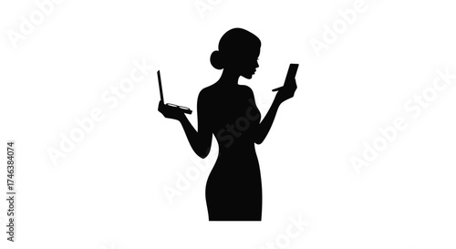 Silhouette of a professional woman multitasking with laptop and smartphone in hand representing modern work life and connectivity