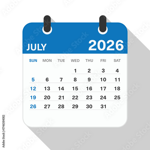 Monthly Calendar for July 2026. Blue Theme on White Background