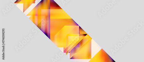 Abstract geometric composition. Warm colors dominate, blending into cooler tones. Diagonal shapes create dynamic visual interest. Minimalist design.