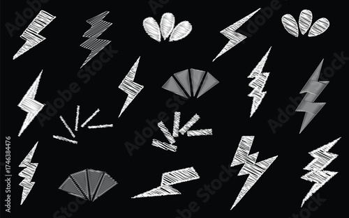 Hand drawn white lightning doodles and abstract sketch shapes on black background illustration, Abstract doodle lightning bolt collection, White lightning bolt line art and doodle energy shapes 