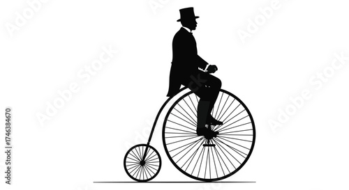 Vintage gentleman silhouette riding a penny farthing bicycle in classic formal attire enjoying a leisurely ride