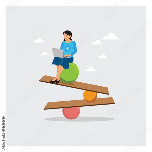 Woman sitting and working with laptop while balance on equilibrium.