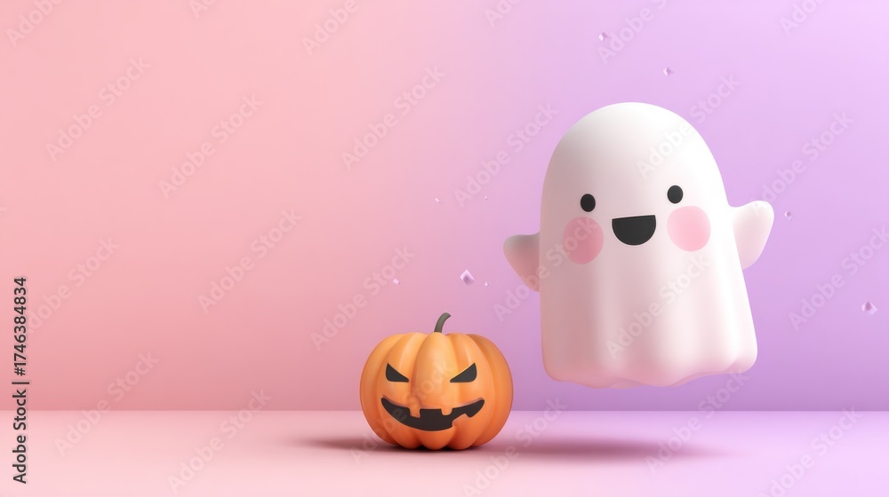 Fototapeta premium Blurred pastel Halloween background, happy white ghost floating near carved pumpkin, playful gentle tone, minimal ad layout with copy space.