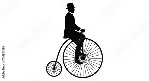 Elegant gentleman riding vintage penny farthing bicycle silhouette with top hat and suit classic transportation past era historical transport
