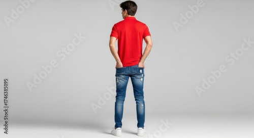 Young man standing back view casual red polo shirt blue jeans relaxed pose isolated