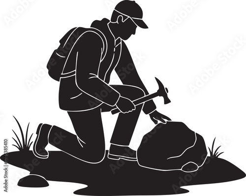 Silhouettes of a Male Geologist Striking a Rock with a Hammer