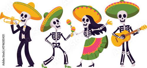 Colorful mariachi skeleton band performing with guitar trumpet and maracas, Day of the Dead celebration illustration, festive Mexican art design