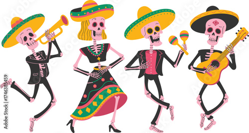 Colorful mariachi skeleton band performing with guitar trumpet and maracas, Day of the Dead celebration illustration, festive Mexican art design