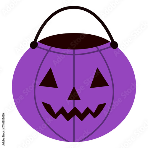 Purple Halloween pumpkin bucket with a smiling jack o lantern face. Perfect for trick or treat, kids holiday decorations, party invitations, autumn celebration graphics and seasonal crafts.