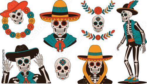 Colorful Mexican skeletons wearing sombreros and traditional costumes, Día de los Muertos celebration illustration, festive skull art, vibrant decoration