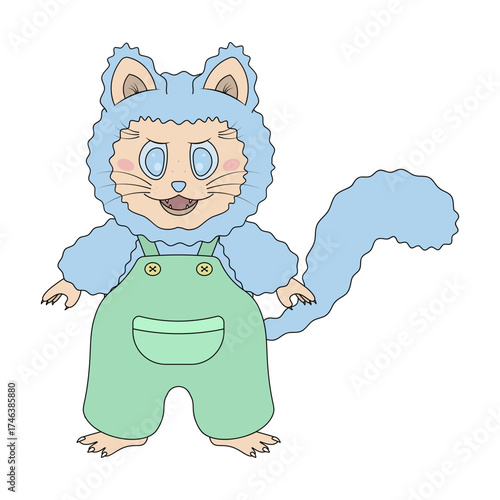 Kitten male with blue fur. Cat in green overalls with blue eyes, in suspender pants. Illustration.