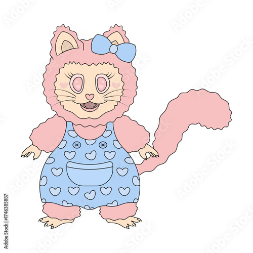 Female cat with pink fur in a blue sundress decorated with hearts, a bow on the ear. Illustration.