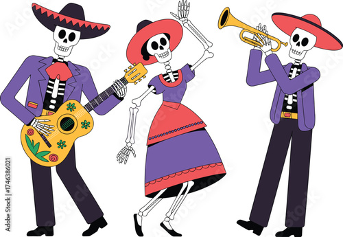 Festive Día de Muertos skeleton musicians playing guitar, trumpet, and dancing in traditional Mexican attire, colorful folk celebration illustration