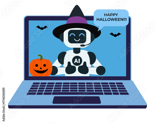 An AI assistant robot wearing a Halloween witch hat appears on a laptop screen, surrounded by festive elements like bats and a smiling jack o lantern. Suitable for seasonal promotions, tech blogs