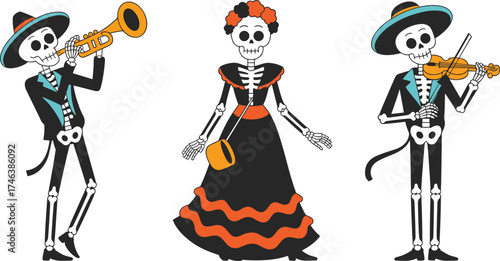 Mariachi skeletons and dancing skeleton woman in traditional Mexican costumes, Day of the Dead celebration illustration, cultural festive art design