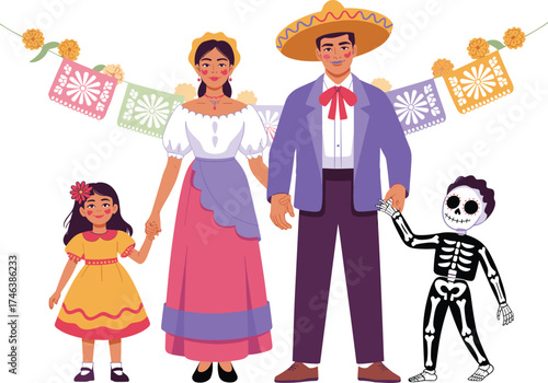 Mexican family celebrating Day of the Dead with child in skeleton costume, traditional clothing, festive paper decorations, cultural illustration art