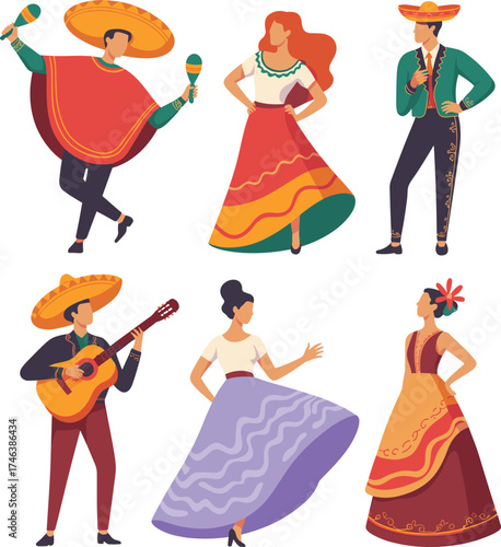Traditional Mexican dancers and musicians in colorful folk costumes, performing cultural dance and music, vibrant festival celebration illustration design