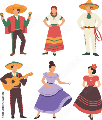 Traditional Mexican dancers and musicians in colorful folk costumes, performing cultural dance and music, vibrant festival celebration illustration design