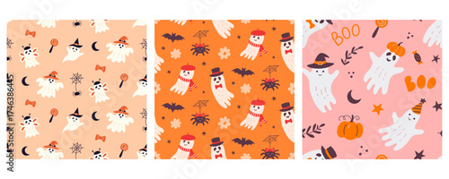 Halloween Cute Ghost Pink Seamless Pattern Set