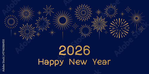 Horizontal Happy New year banner 2026 with exploding geometric golden festive fireworks on blue background. For holiday, flyer, greeting card. Decorative backdrop for Christmas. Vector EPS10