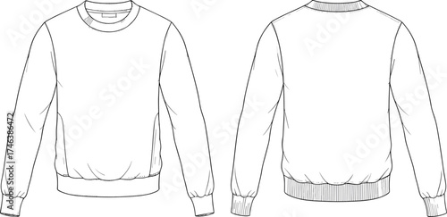 Crewneck sweatshirt technical fashion sketch, front and back view, ribbed cuffs and hem, garment flat drawing, apparel vector illustration